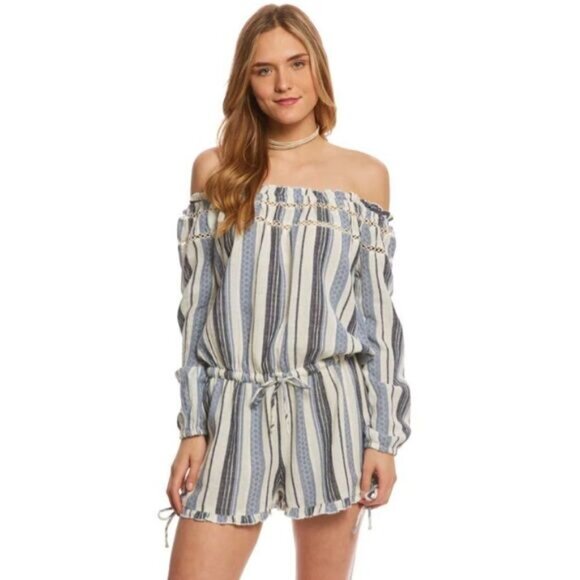 ROXY Anthem 100% Cotton Off-Shoulder Romper Blue Stripe Pattern Sz M - Picture 13 of 13